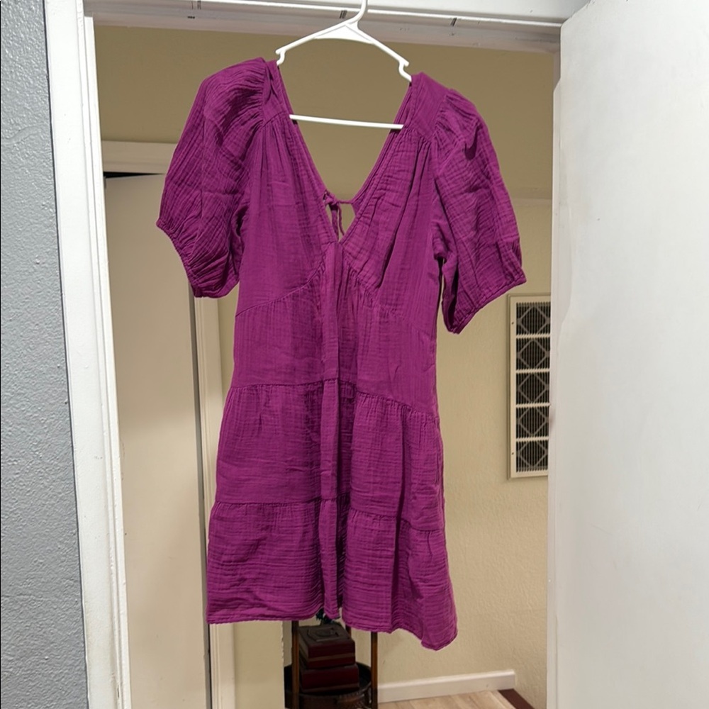 XiRENA Pink V-Neck Puff Sleeve Mini Dress